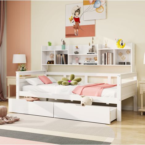 Einzelbett 90x200 cm in Weiß mit Schubladen und Stauraumfächern (1/5)