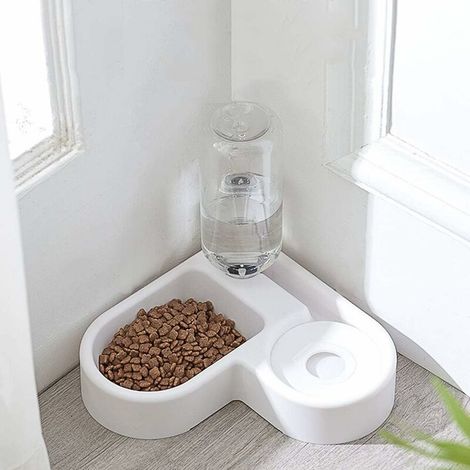 2 in 1 Distribut de Nourriture Eau Fontaine Automatique pour Animaux, Anti Débordement Abreuvoir et Alimentat Croquettes Gamelle pour Chat/Chien, Bol Animaux Abreuvoir Pet Bowl(Blanc) (1/5)