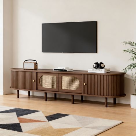 Meuble TV ovale 180x40x40 cm - Design en rotin - 4 portes - MDF -Pour les téléviseurs jusqu'à 80 pouces - Marron (1/5)