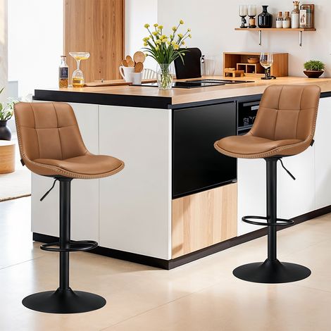 Tabourets de Bar, Ensemble de 2, Pivotants, Hauteur Réglable, avec Dossier et Repose-Pieds, Acier, Marron (1/5)