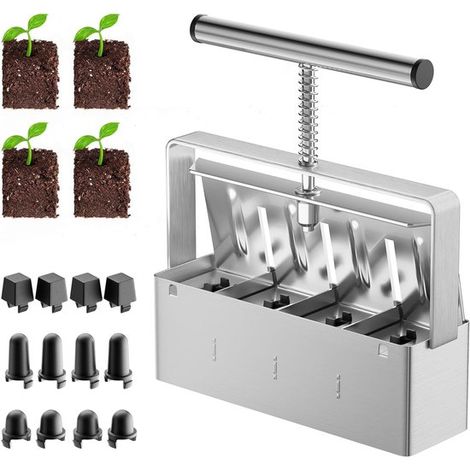 Presse à terreau manuelle pour semis - 4 pots de 5 x 5 cm - Outil pour semis - Argenté - 1 pièce (1/5)