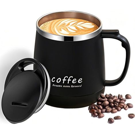 350-ml-Kaffeebecher – Doppelwandiger, isolierter Edelstahlbecher, schwarz, mit Schiebedeckel und Griff (Schwarz – 480 ml)