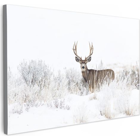 TABLEAU SUR TOILE Cerf - Hiver - Neige - Animaux - Saisons - Blanc Toile Peinture Grand Format XXL 150x100 cm