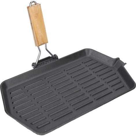 Poêle à Griller en Fonte 21x35 cm, Antiadhésive, Pliante et Portable pour Steak, Chauffage Uniforme avec Manche en Bois (1/5)