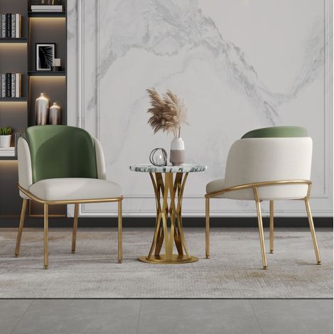 Sedia da pranzo minimalista in metallo e legno, seduta in PVC similpelle, beige, verde, dorato (1/5)