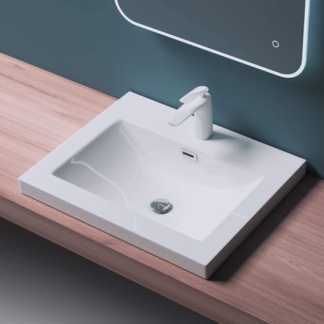 Mai & Mai Waschbecken Einbauwaschbecken Waschschale Waschtisch Mineralguss Weiß Rechteckig 1 Armaturenloch Überlauf-Funktion Breite: 60cm Col01