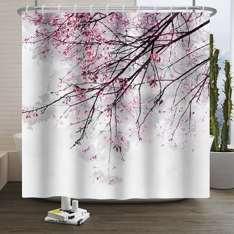 Cortina de ducha con estampado de flores de cerezo orientales, 180 x 200 cm, estampado con tinta china, tejido impermeable lavable a máquina.