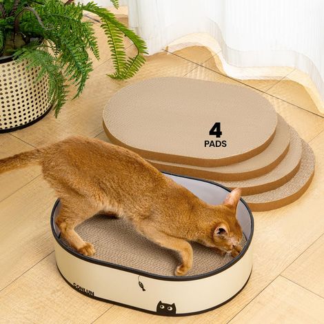 Griffoir pour chat ovale avec 4 recharges en carton alvéolé, lit de repos et aire de jeu, protège les meubles (1/5)