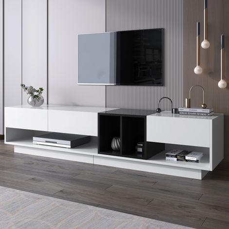 Meuble TV blanc brillant et noir, Design à bloc de couleurs, Tiroirs et compartiments, Multiples espaces de rangement, 190x40x42cm