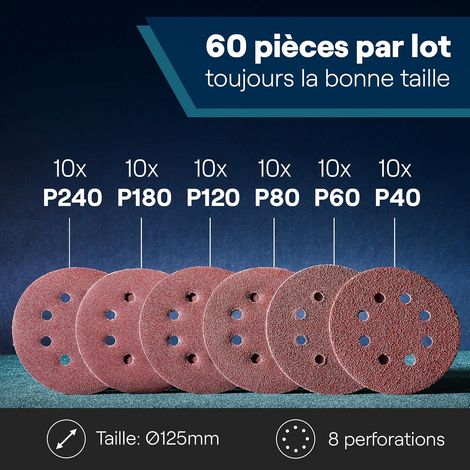 Lot de 10 - Boîte De 60 Disques Abrasifs Pour Ponceuse De 125 mm - Ensemble Comprenant De Papier P40 / 60/80 120/180 240 - Papier De Verre Avec 8 (1/5)