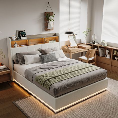 Lit coffre double adulte 160x200 cm avec table de chevet de rangement, rangement hydraulique, éclairage LED, ports de charge, velours blanc