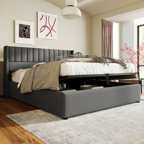Lit coffre double en lin gris 180x200 cm avec sommier à lattes et ouverture hydraulique (1/5)