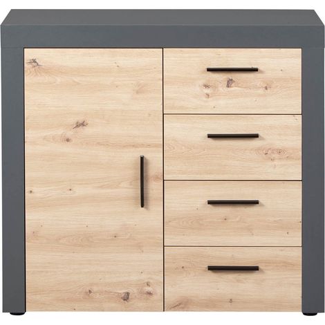 OCTOBER - Commode 1 Porte 4 Tiroirs Gris et Effet Bois (1/5)