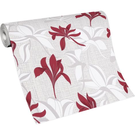 Papier peint tendance rouge & blanc à motif fleuri Tapisserie florale rouge idéale chambre Papier peint intissé motif fleurs (1/3)