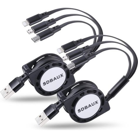 Multi Câble 3 en 1[1M 3A 2-Paquet], Rétractable Chargeur USB Câble Charge Rapide avec iP Micro USB Type C pour Téléphones iOS, Samsung Galaxy S25 S22, LG, Honor View, Xiaomi, Sony, Moto, PS5 (1/5)