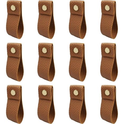 CSPARKV 12 Pièces Poignee Cuir Marron PU Poignée de Tiroir en Cuir Poignées de Placard avec Vis Accessoires pour Meubles, Cuisine, Salle Bain Armoires Cabinet, Garde-Robe Commode (1/5)