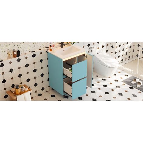 Meuble vasque bleu en MDF avec vasque céramique intégrée et 2 tiroirs à fermeture douce pour salle de bains et toilettes (1/5)