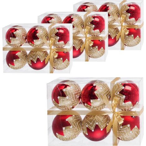 Set da 24 Palline di Natale Rosse con decoro Oro glitterate, opache in plastica Infrangibile diametro 7 cm per albero di Natale (1/5)