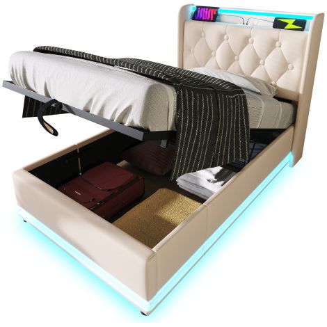 Polsterbett einzelbett, 360-Surround-LED-Funktion, Drucktaste/App/Fernbedienung, Material Hydraulisches Lagerbett, gepolstertes Kopfteil mit USB Typ-C Ladefunktion (Ohne Matratze)