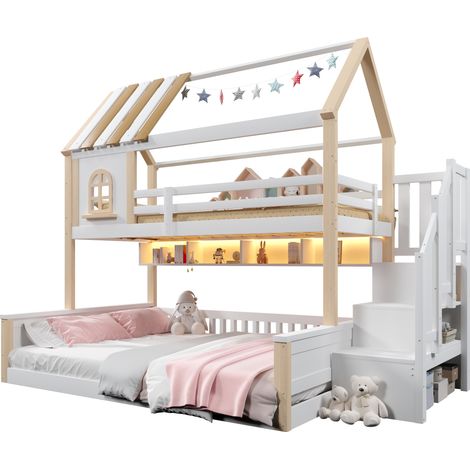 Lit superposé maison 90x200 140x200 avec led, lit cabane enfant avec fenêtres & étagères, structure robuste en bois, design ludique - blanc (1/5)