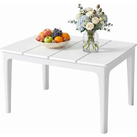 Rechteckiger Beistelltisch 70x53cm für Garten, wetterfester Balkontisch aus cremefarbenem Kunststoff, max. Belastbarkeit 35kg