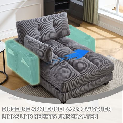 Fauteuil, coussin à rayures moelleux, accoudoirs avec coussins roulants, appui-tête rabattable, trois porte-gobelets et une poche latérale, pour salon et chambre, Gris (1/5)