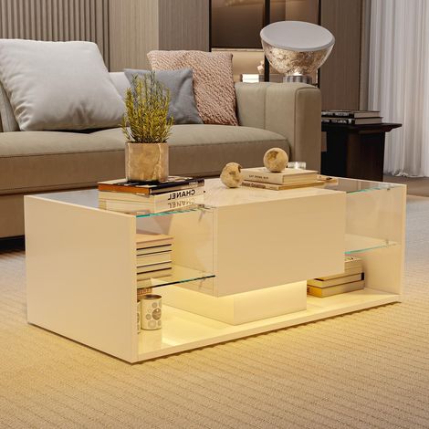 Table basse fixe 100x50x35 cm, Table de salon design nordique avec LED RGB intelligente (App), tiroir et 4 plaques de Verre trempé et MDF, Blanc