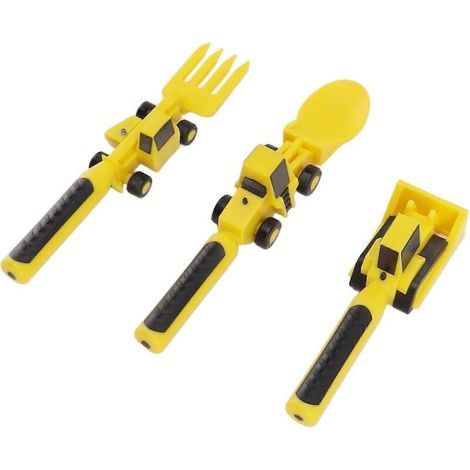 Ensemble de couverts pour enfants sur le thème de la construction. fourchette et cuillère en forme d'excavatrice. avec poussoir. couverts sûrs et munis de poignées ergonomiques. (1/4)