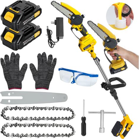 FIANAO – Astsäge – Kettensäge – 2-in-1 akkubetrieben, 6-Zoll, bürstenloser Motor, 2 Akkus 1,5Ah, ausziehbarer Stab bis 1,8m – zum Baumbeschneiden – Maße:30–180 ×15 ×15 cm – Gelb (1/5)