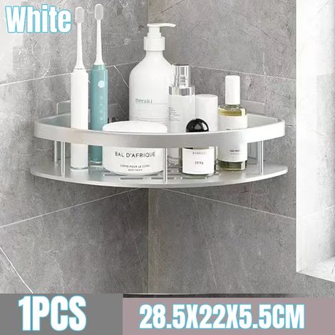(Blanc - 1 pièce) Étagère de salle de bain/rangement de cuisine en alliage d'aluminium, accessoire de salle de bain, étagère murale sans perçage (1/5)