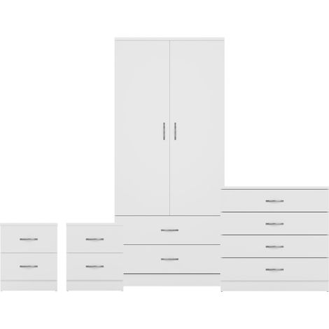 Riano 4 Piece Bedroom Set (2 Drw Bedside Chest, 4 Drw Chest, 2 Door 2 Drw Wardrobe), White (1/3)