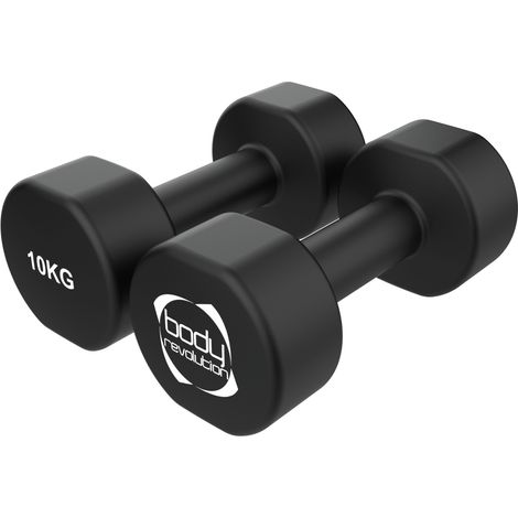 Par de mancuernas de neopreno 2 x 10 kg, pesas de hierro fundido con revestimiento antideslizante, diseño hexagonal estable, perfectas para entrenamiento en casa, Pilates y fitness.