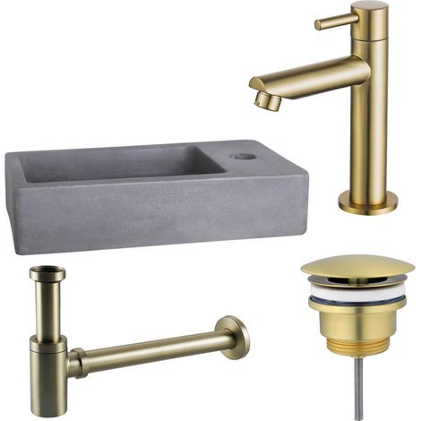 FugaFlow Eccelente Pietra ensemble lavabo - 40x22x8cm - 1 trou de robinet - robinet de lavabo en laiton brossé - béton