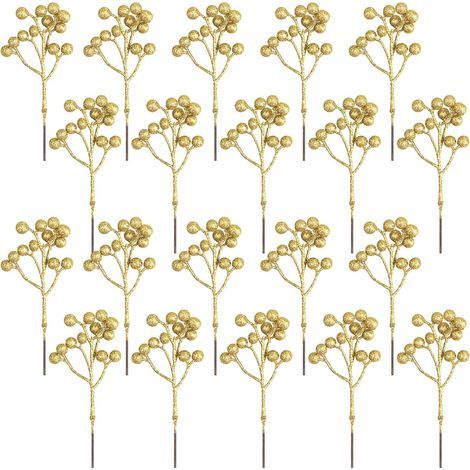 20 piezas de adornos artificiales de bayas doradas, ramas de acebo con bayas doradas de 18 cm para decoración de árboles de Navidad, manualidades, temporada navideña, decoración de invierno, decoració (1/5)