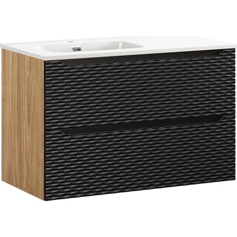 Meuble simple vasque encastrée gauche 90cm Elora Noir et bois