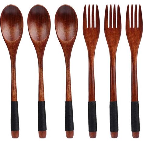 Cucharas de madera - Cubiertos de madera - Tenedores de madera - Juego de cuchara y tenedor de madera natural - Mango largo - Estilo japonés - Juego de cubiertos - Cucharas pequeñas de madera - Juego (1/5)