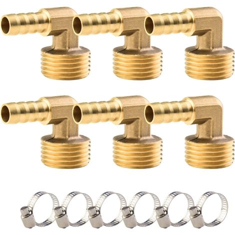 6 pièces Raccord coudé en laiton à 90, Filetage extérieur PT 1/2"x 8 mm raccords coupleur raccord pour tuyau, avec 6 colliers de serrage, convient pour raccorder l'air, l'eau, le carburant (1/5)