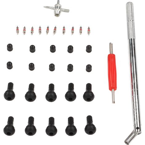 Kit de réparation de valves de pneus (33 pièces) pour camping-cars, voitures, motos et vélos. Comprend un extracteur et un démonte-valve. (1/5)