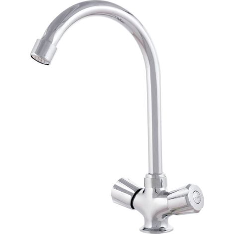 Rubinetto per lavabo FOREHILL in lega di zinco, cromato, acqua calda-fredda, tubi flessibili, beccuccio alto, due maniglie [QLI-FA938] (1/5)