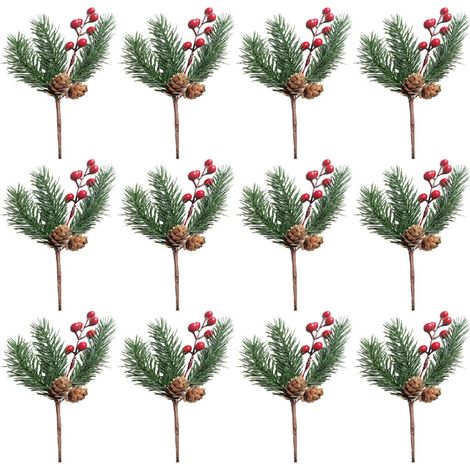 12 décorations de Noël artificielles en forme de baies rouges et de pommes de pin, avec branches de pin, pour guirlandes, couronnes et autres ornements (1/5)
