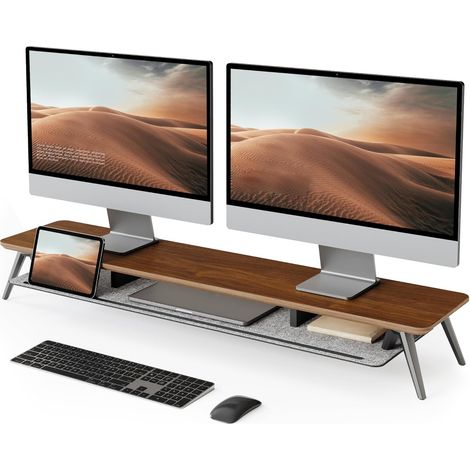 Support Ecran PC 108cm, Bois Massif Multicouche, Moniteur TV, Marron 2 Appareils, Charge 45kg, Rainure Téléphone Tablette Stylo, Feutre, Gestion Câbles, Pieds Alu, Écran Ordinateur Bureau Maison (1/5)