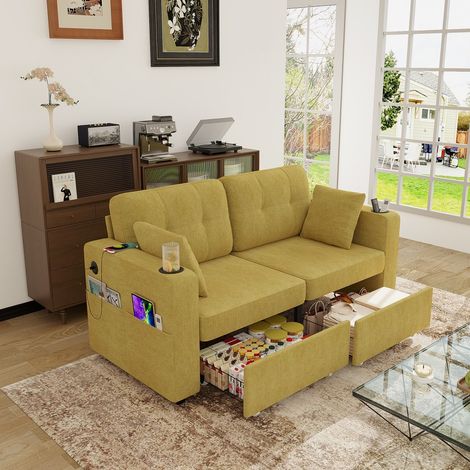 Sofá de 2 plazas - 172 x 75 x 82 cm - con cajones de almacenamiento, puerto USB y portavasos - en chenilla amarillo mostaza (1/5)