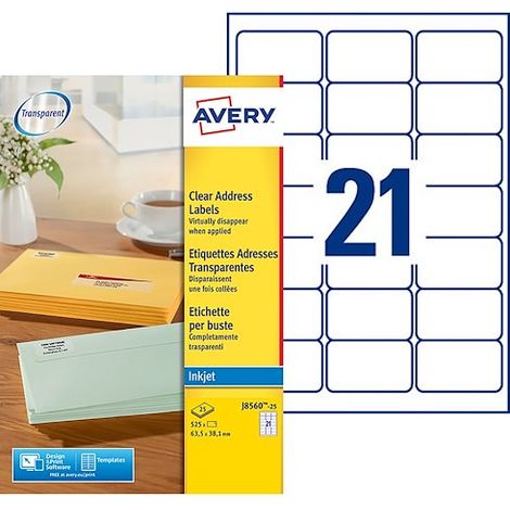 Etiquettes adresses jet d'encre 63,5 x 38,1 Avery J8560-25 - transparentes - Pochette de 525 (1/4)