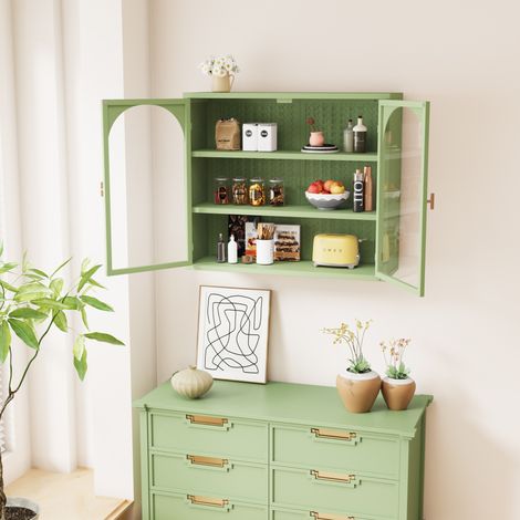 Armario mural 70 cm verde en vidrio y metal con 2 puertas, 3 niveles y estante desmontable (1/5)
