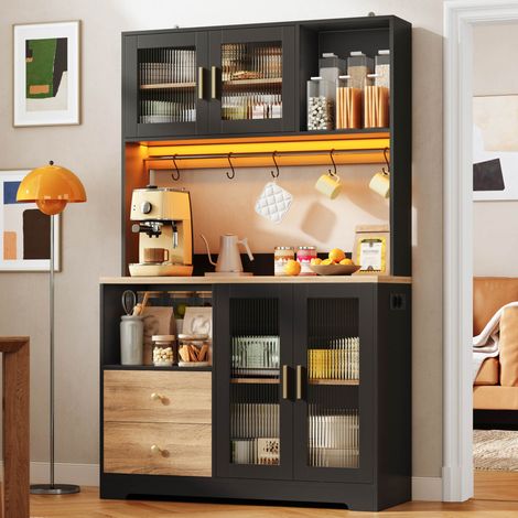 Meuble de cuisine haut 110 x 40 x 178 cm avec LED, prise, portes en verre trempé noir HAVRYA (1/5)