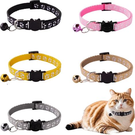 5 Colliers Chat Anti Étranglement en Nylon Réglables 19-32 cm avec Motif Patte et Clochette – Multicolores pour Chat et Petit Chien (1/5)