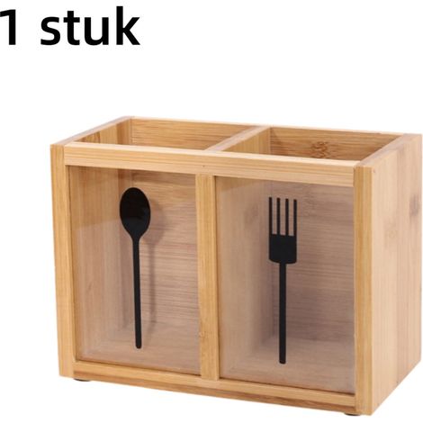 Seau de rangement pour couverts et baguettes en bambou avec égouttoir et porte baguettes couleur bois (1/5)