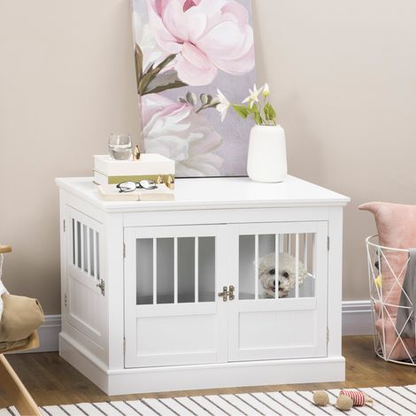Tavolino moderno a forma di cuccia per cani di piccola taglia con 3 ante a battente con chiusura magnetica, 78x53x59,3 cm, colore bianco. (1/5)