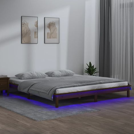 Lit adulte - Cadre de lit pour Adultes, Enfants à LED marron miel 140x190 cm bois massif -39550 (1/5)