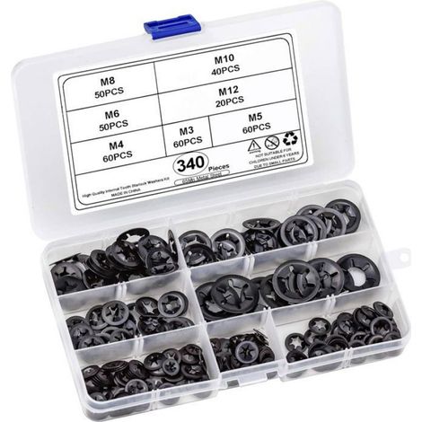 340 Rondelles Starlock, Acier, M3 M4 M5 M6 M8 M10 M12, Fixation Rapide, Boîte Transparente, Industrie (1/4)